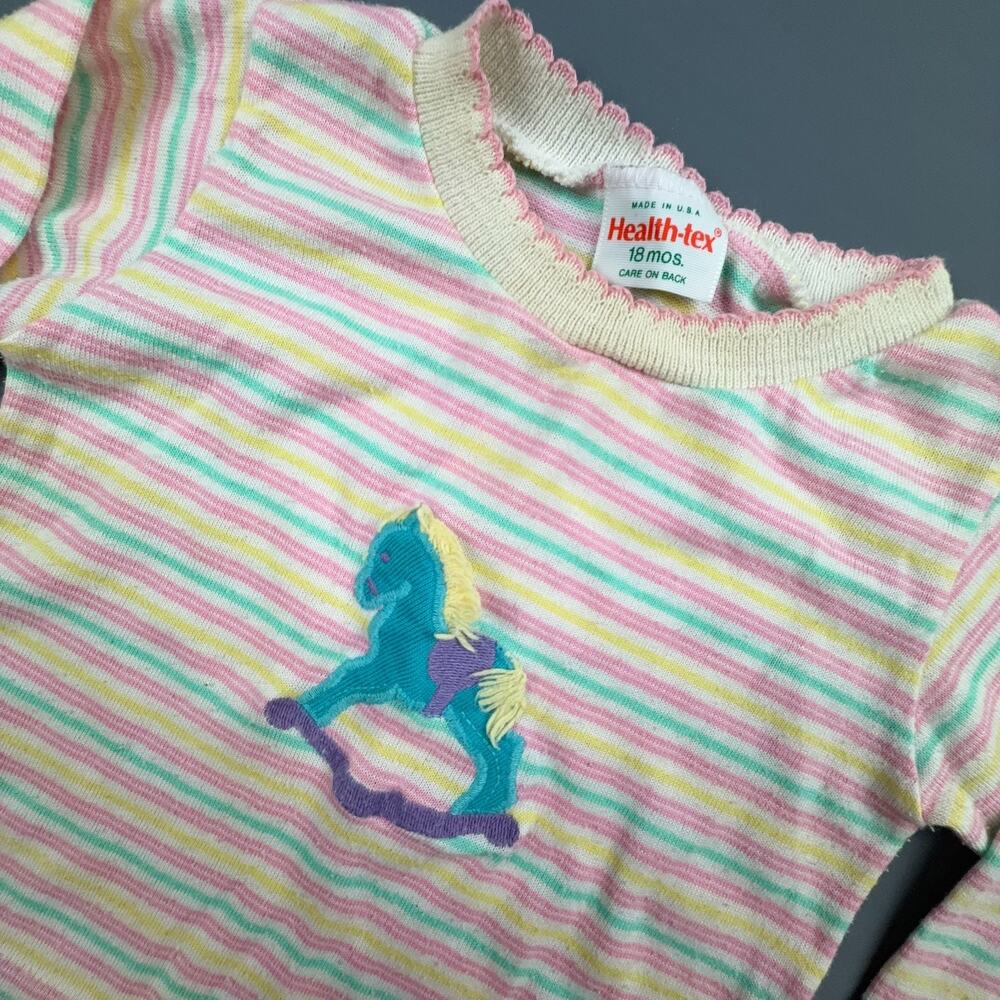 Vintage Health-Tex Rocking Horse Stripe Shirt 18 Months Pastel USA Made